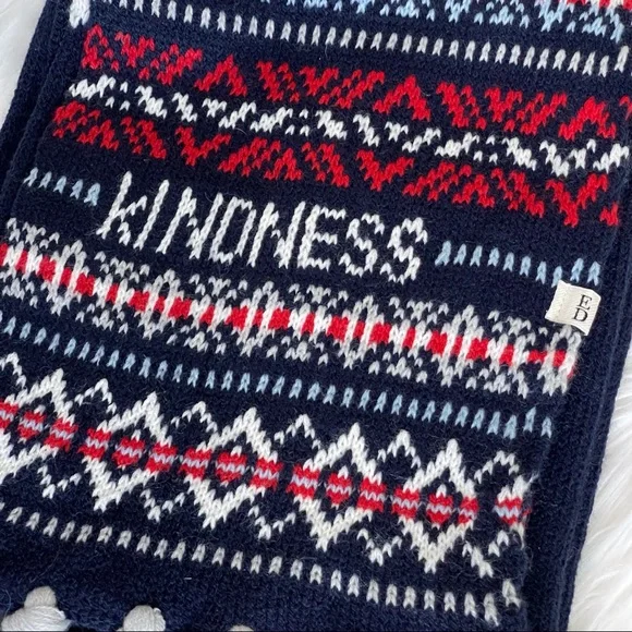 ♥️ELLEN DENGENERES hat and scarf fringe Pom Pom SET KINDNESS Navy Red Set - Picture 5 of 10